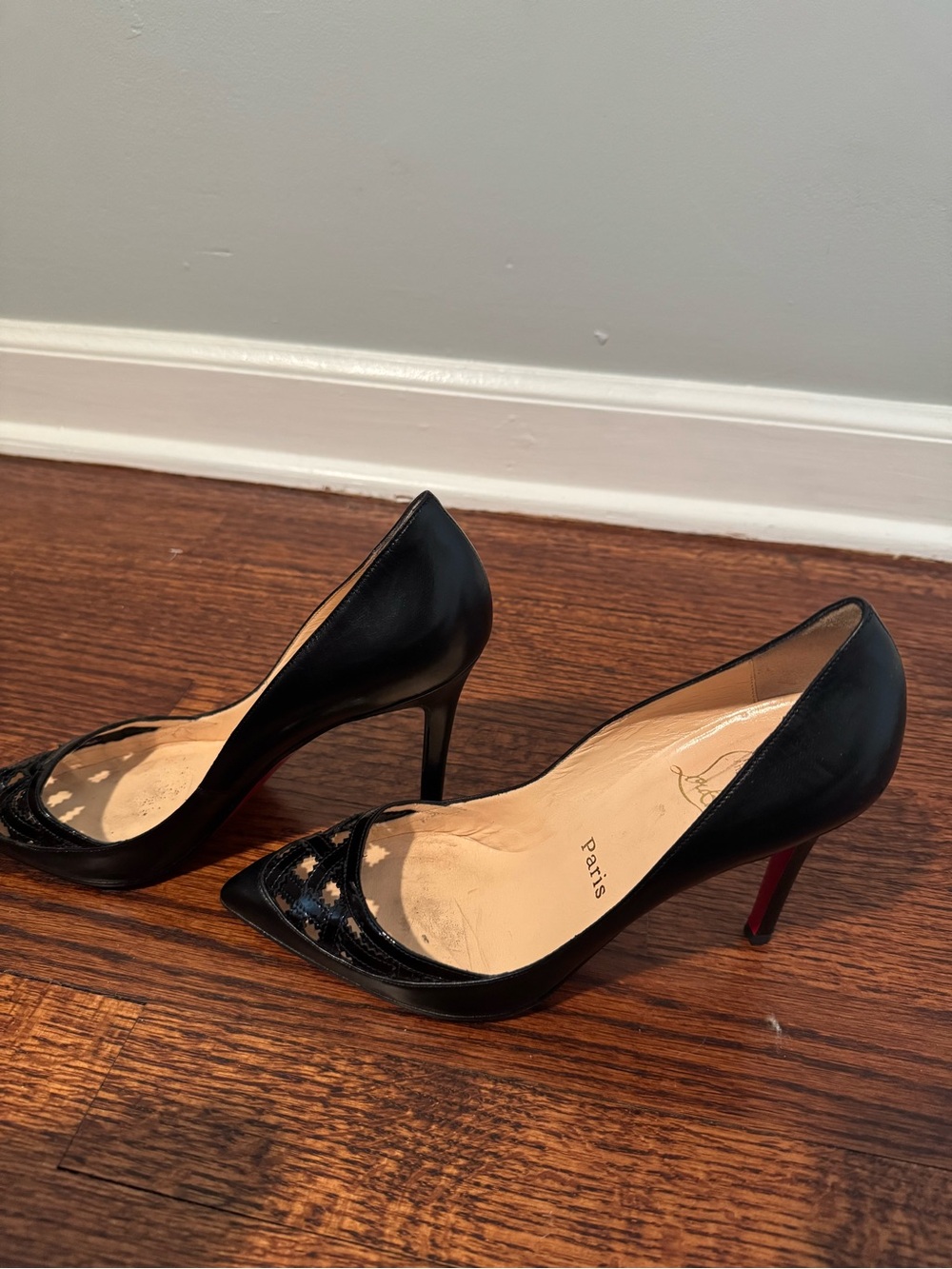Christian Louboutin Black Leather Pointed-Toe Pumps with Red Soles